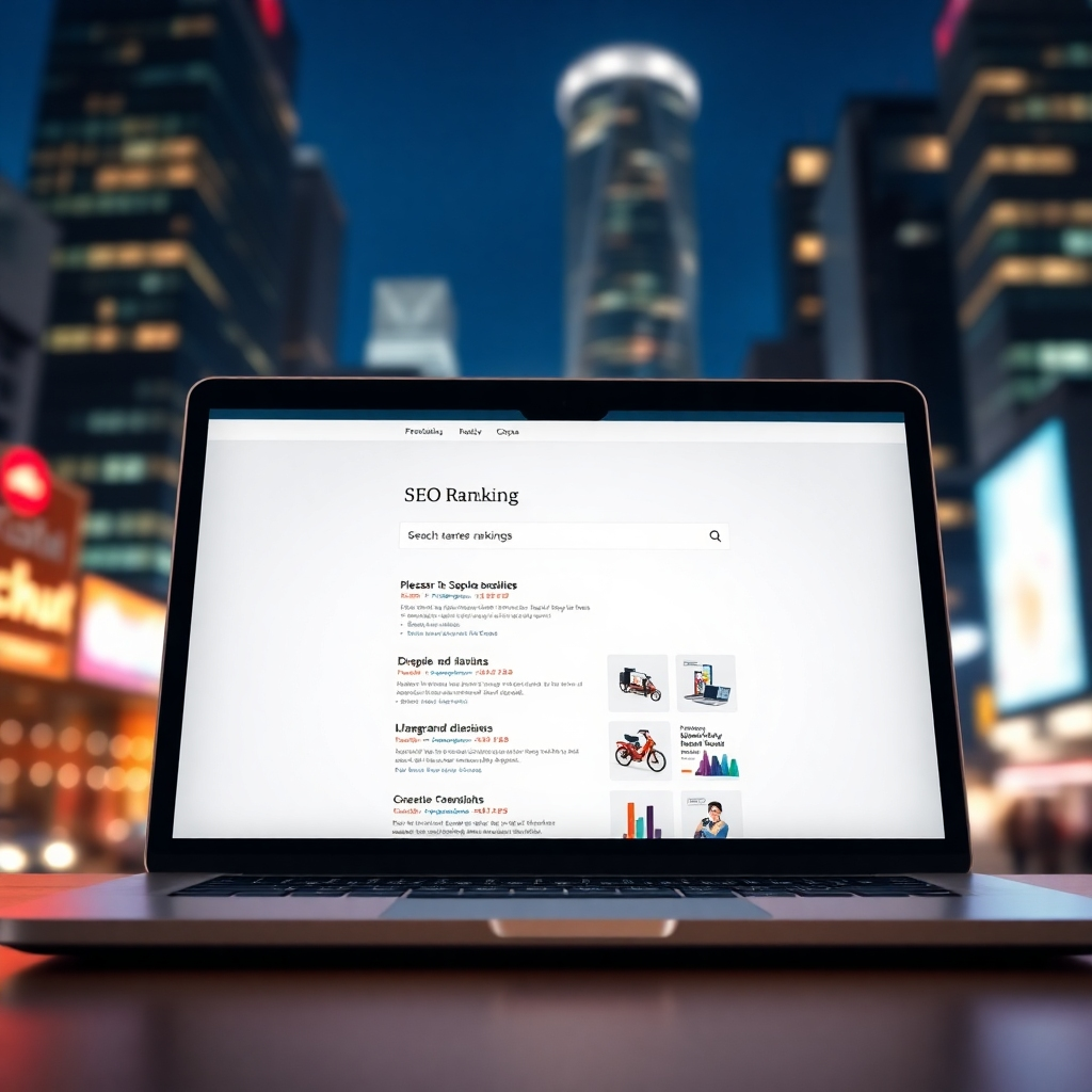 A photorealistic image of a laptop screen displaying a website with high search rankings. The background should be a blurred image of a bustling city, emphasizing the reach and potential of SEO.  The lighting should highlight the laptop screen, creating a sense of focus and importance. The camera angle should be eye-level, providing a direct view of the screen's content. The color palette should include warm and rich tones to highlight success and growth.