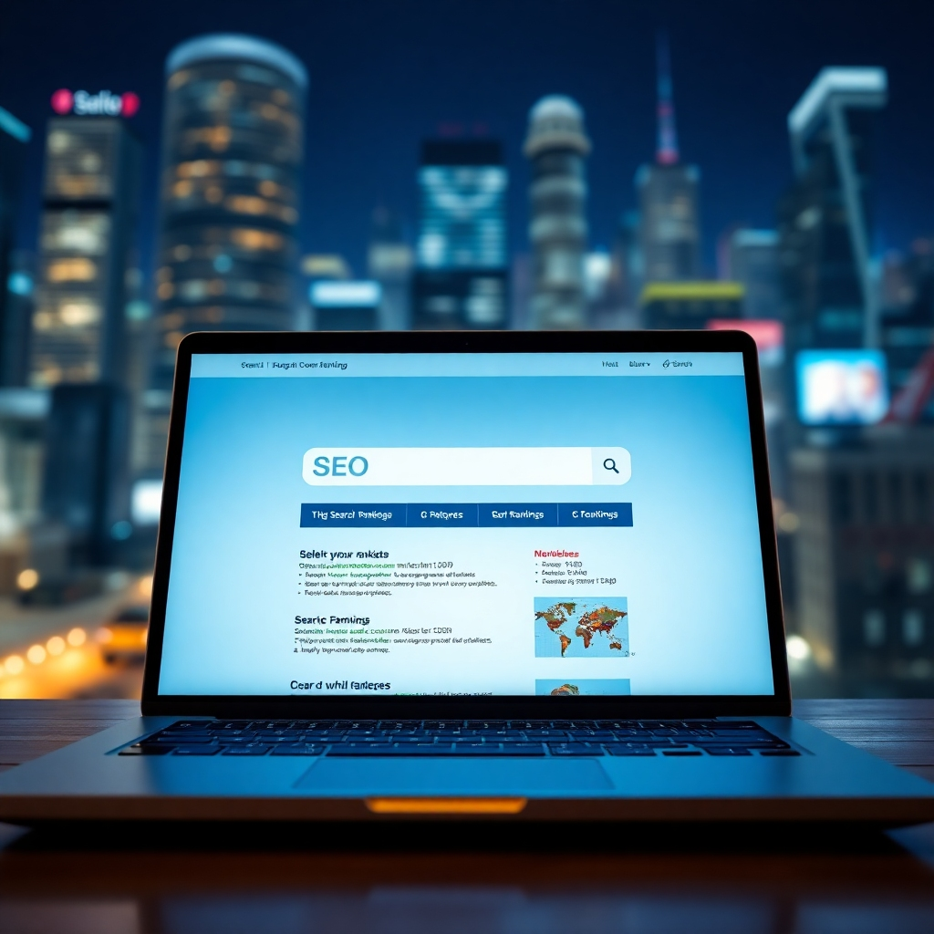A photorealistic image of a laptop screen displaying a website with high search rankings. The background should be a blurred image of a bustling city, emphasizing the reach and potential of SEO.  The lighting should highlight the laptop screen, creating a sense of focus and importance. The camera angle should be eye-level, providing a direct view of the screen's content. The color palette should include warm and rich tones to highlight success and growth.