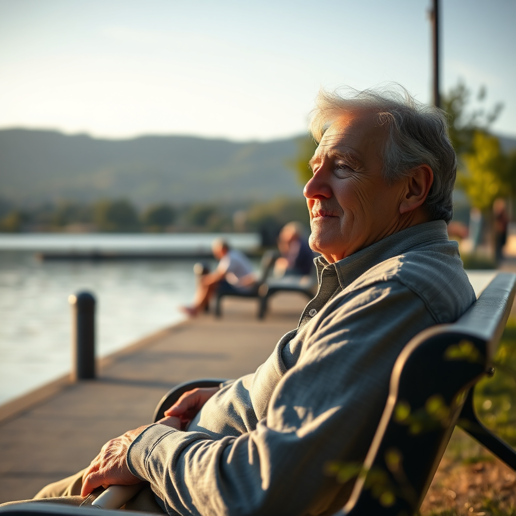 A photorealistic image of a Lodi Lake resident enjoying a peaceful moment by the lake, stress-free from parking worries. The scene is set during a calm afternoon, with the resident relaxing on a bench. The lighting is soft and serene, creating a sense of tranquility. The composition should capture the resident's peaceful expression and the beauty of the lake. In the background, other residents are also enjoying the lake without any visible parking issues. The camera angle is from a low perspective, emphasizing the natural elements and the relaxed atmosphere. The style should be hyperrealistic, with sharp details and vibrant colors. The image should symbolize the improved quality of life resulting from a parking solution. 8K resolution.