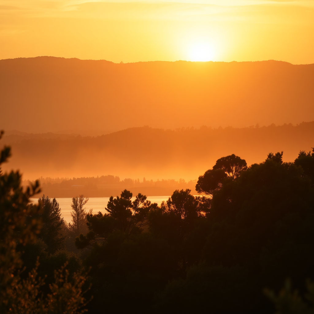 A photorealistic image of a Lodi Lake sunset, but with a subtle environmental message. The scene focuses on the lake and its surrounding trees, with clean, fresh air. In the background, a faint haze gradually disappears, symbolizing reduced vehicle emissions. The lighting is warm and golden, creating a serene and peaceful atmosphere. The composition should capture the beauty of the lake while subtly hinting at the positive environmental impact of reduced congestion. The camera angle is from a low perspective, emphasizing the natural elements. The style should be hyperrealistic, with sharp details and vibrant colors. A faint indicator of car tailpipes emitting less fumes in the distance further symbolizes the cleaner environment due to residential parking. 8K resolution.