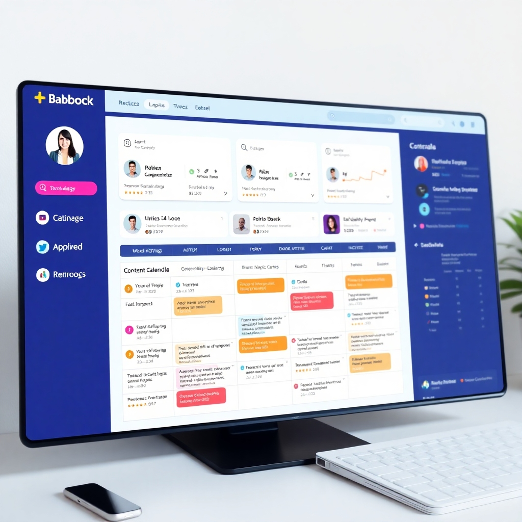 A photorealistic image of a social media dashboard showcasing engagement and positive feedback on different social media platforms, accompanied by a well-organized content calendar. The lighting should emphasize the clean layout and the level of detail in the content schedule. The color palette should include vibrant colours to highlight the dynamic nature of social media content.