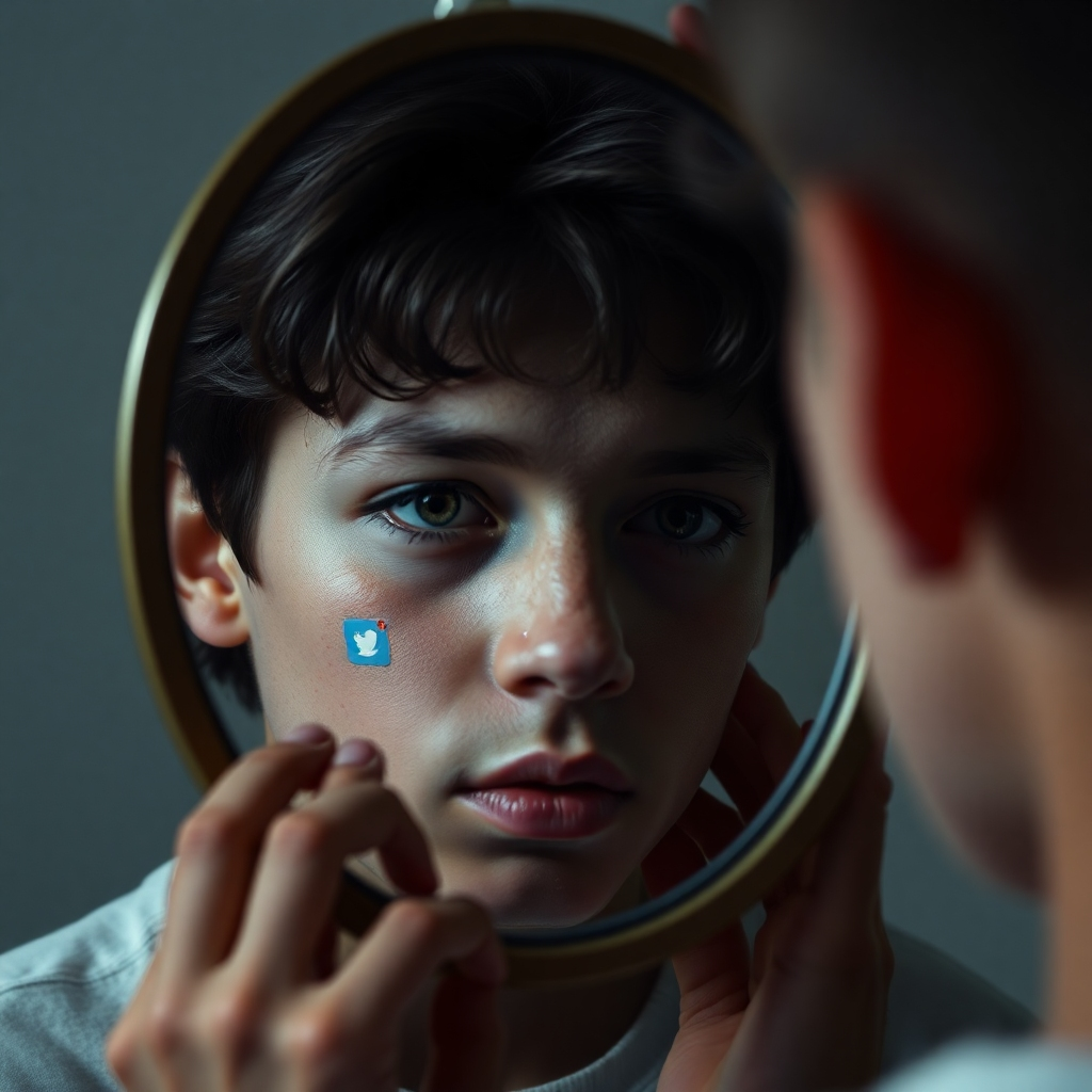 A photorealistic image of a teen looking into a mirror. The reflection shows a distorted version of themselves surrounded by social media icons. The lighting is dramatic and slightly unsettling. Camera angle: Close-up shot emphasizing the teen's face and the reflection. Style: Psychological and introspective. Textures: Focus on the details of the face and the reflection. Resolution: 4K, high quality.