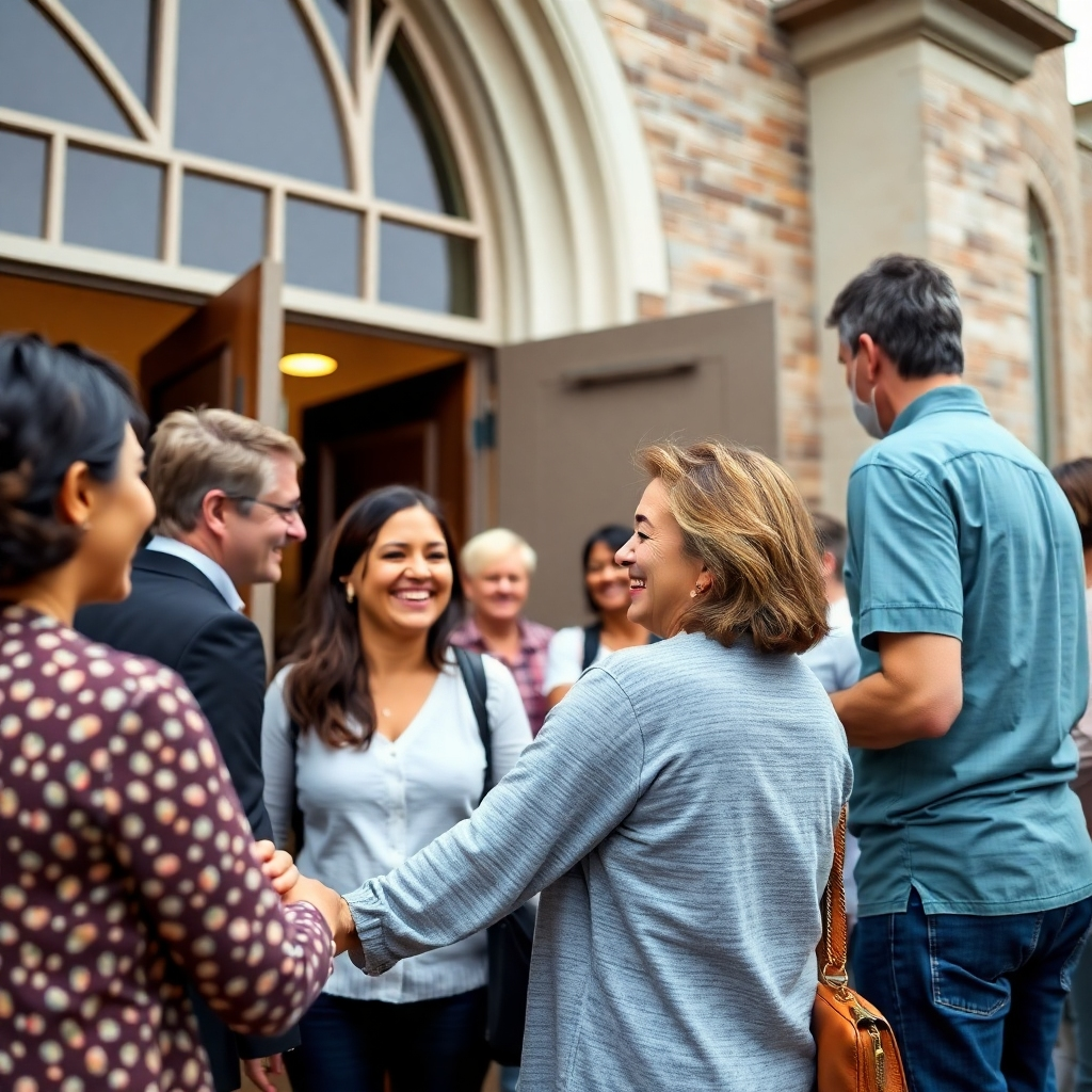 A photorealistic image of people warmly greeting each other outside the church building after a service. Capture the feeling of community and genuine connection. The image should emphasize the happy and friendly atmosphere of the church and the diversity of its congregation.