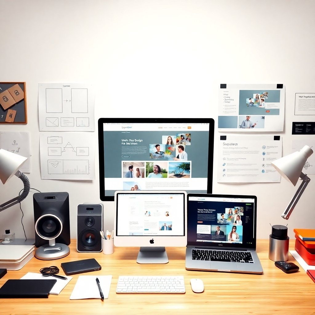 A photorealistic image showcasing various aspects of the website design process: wireframing, mockups, and the final product. The lighting should be bright and airy, showcasing the website's cleanliness and efficiency. The camera angle should be at a high angle, emphasizing the organization and process involved. The image should incorporate various tools and technologies used in website development.