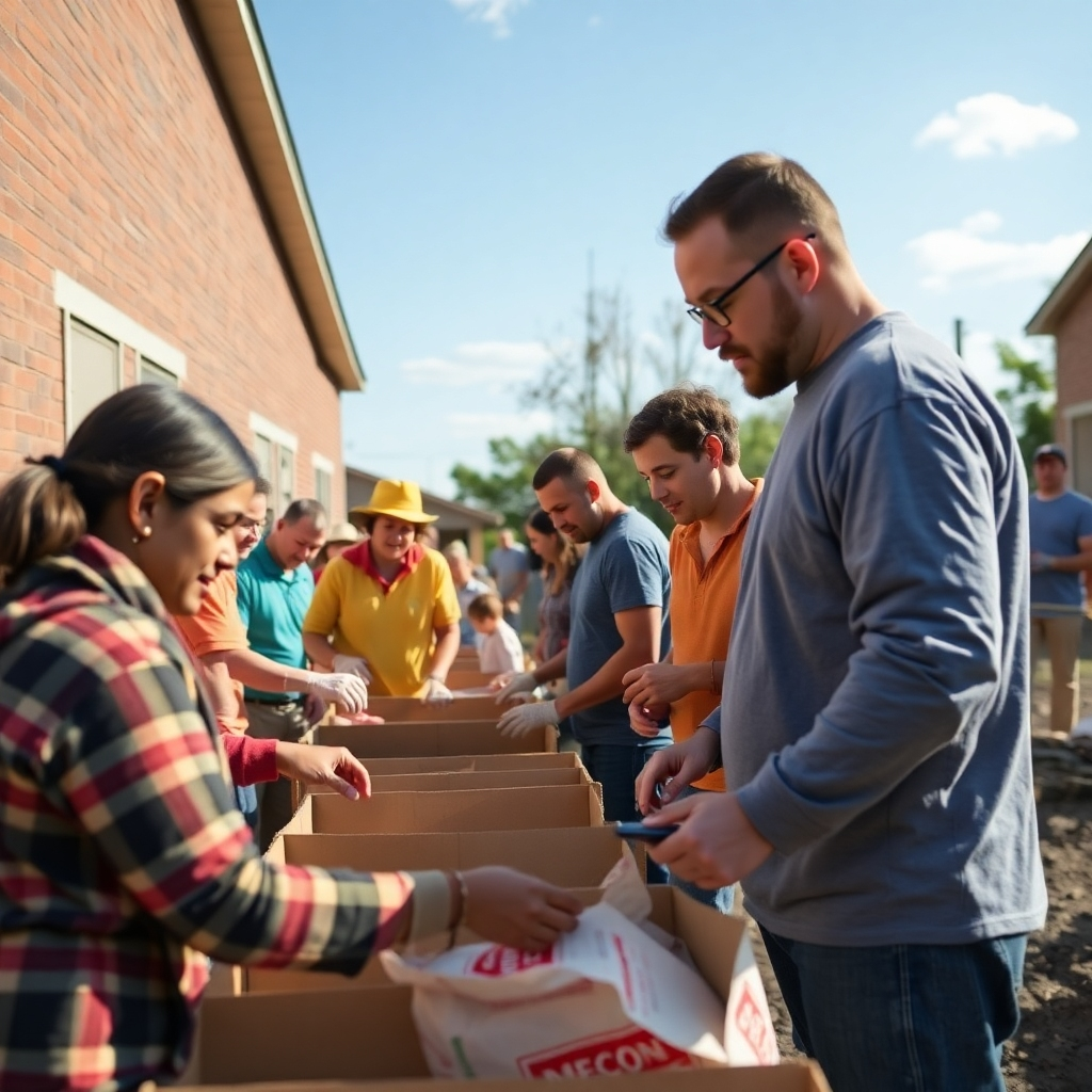 A photorealistic image showing members of the church volunteering in a local community project, such as building homes for the less fortunate or helping at a food bank. Focus on the positive impact they are making.