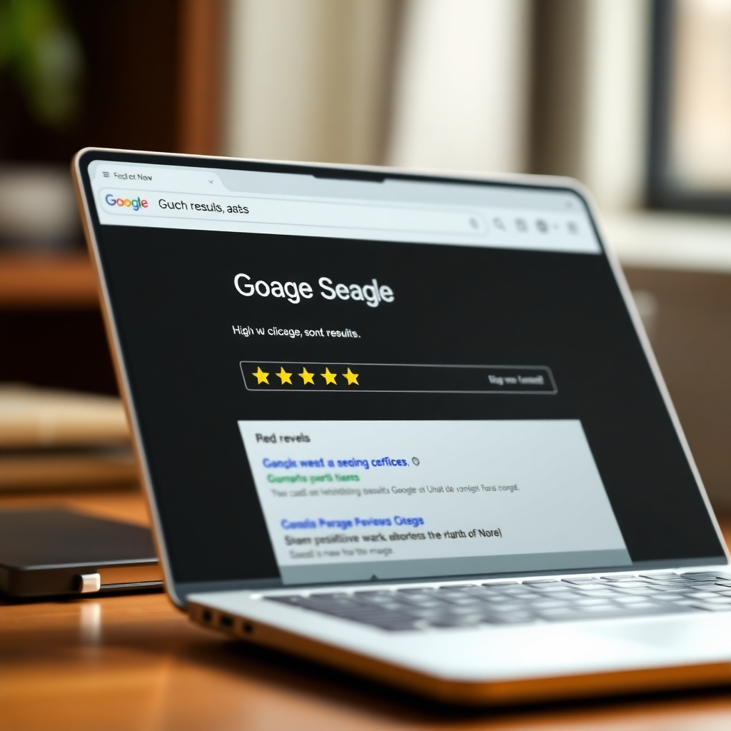 A photorealistic image showing a high-ranking website on Google search results. The search result should show high click-through rates and positive review scores. The lighting should be sharp and focused on the screen’s content. The color palette should include rich tones to highlight success and growth.