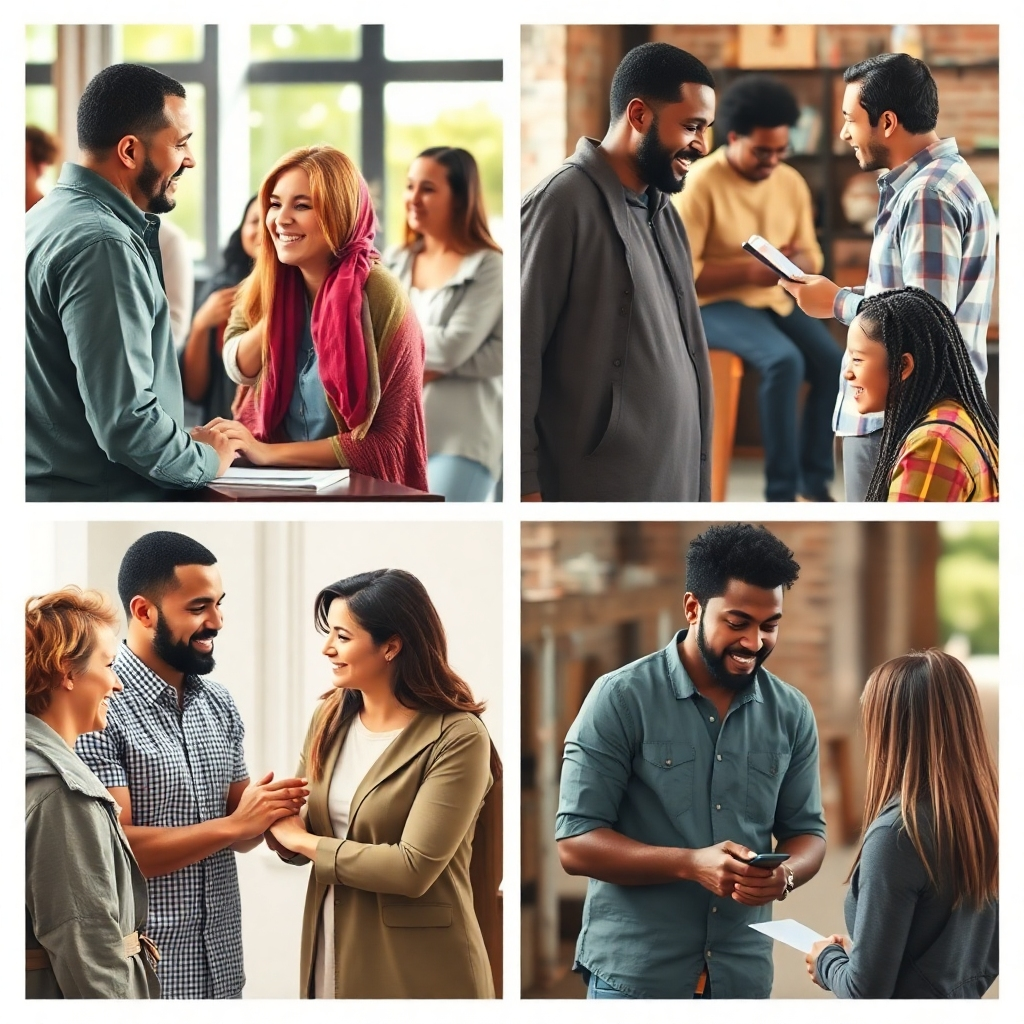A photorealistic image showing diverse individuals sharing their faith with others in various settings, perhaps through conversations or community outreach programs. Focus on genuine human interaction and conveying positivity and hope.