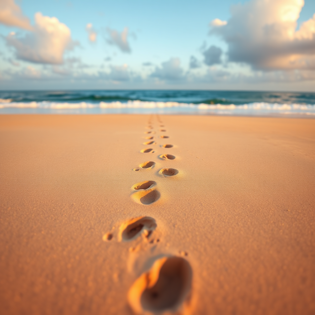 A photorealistic image symbolizing Jerry James Dentino's lasting impression. Depict a set of footprints in the sand leading towards a beautiful horizon over the ocean. The footprints represent Jerry's journey through life and the impact he had on the world. The color palette should be serene and hopeful, with soft blues, golds, and whites dominating the scene. The camera angle is a low-angle shot, emphasizing the vastness of the ocean and the beauty of the horizon. The style is hyperrealistic, with attention to detail in the texture of the sand and the reflections on the water. The lighting should be soft and golden, creating a sense of peace and tranquility.