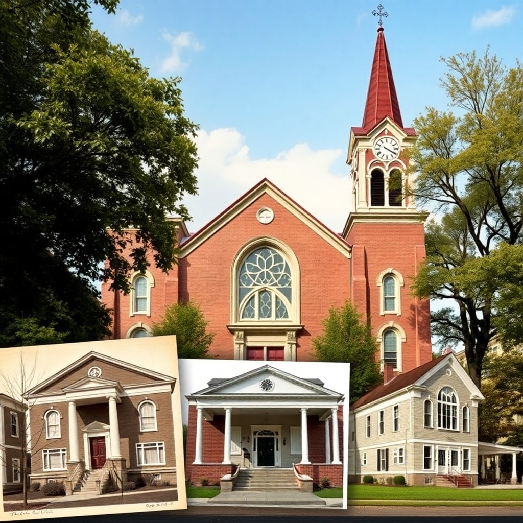 A photorealistic or stylized image showcasing the church's history, perhaps with old photographs or architectural renderings of the building's evolution. The image should subtly convey a sense of time and tradition, highlighting the church's longevity and its role in the community.