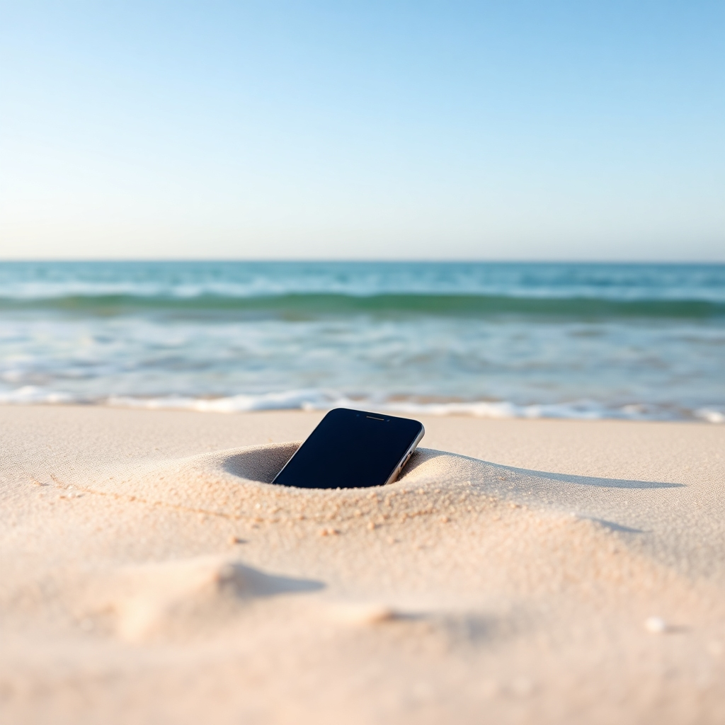 A serene and minimalist image of a smartphone buried in sand on a beach. The waves are gently lapping at the shore. The background is a calm, blue ocean and a clear sky. The lighting is soft and natural. Camera angle: A slightly low angle emphasizing the phone's vulnerability. Style: Peaceful and contemplative. Textures: Focus on the contrast between the sand, water, and smartphone. Resolution: 4K, high quality.
