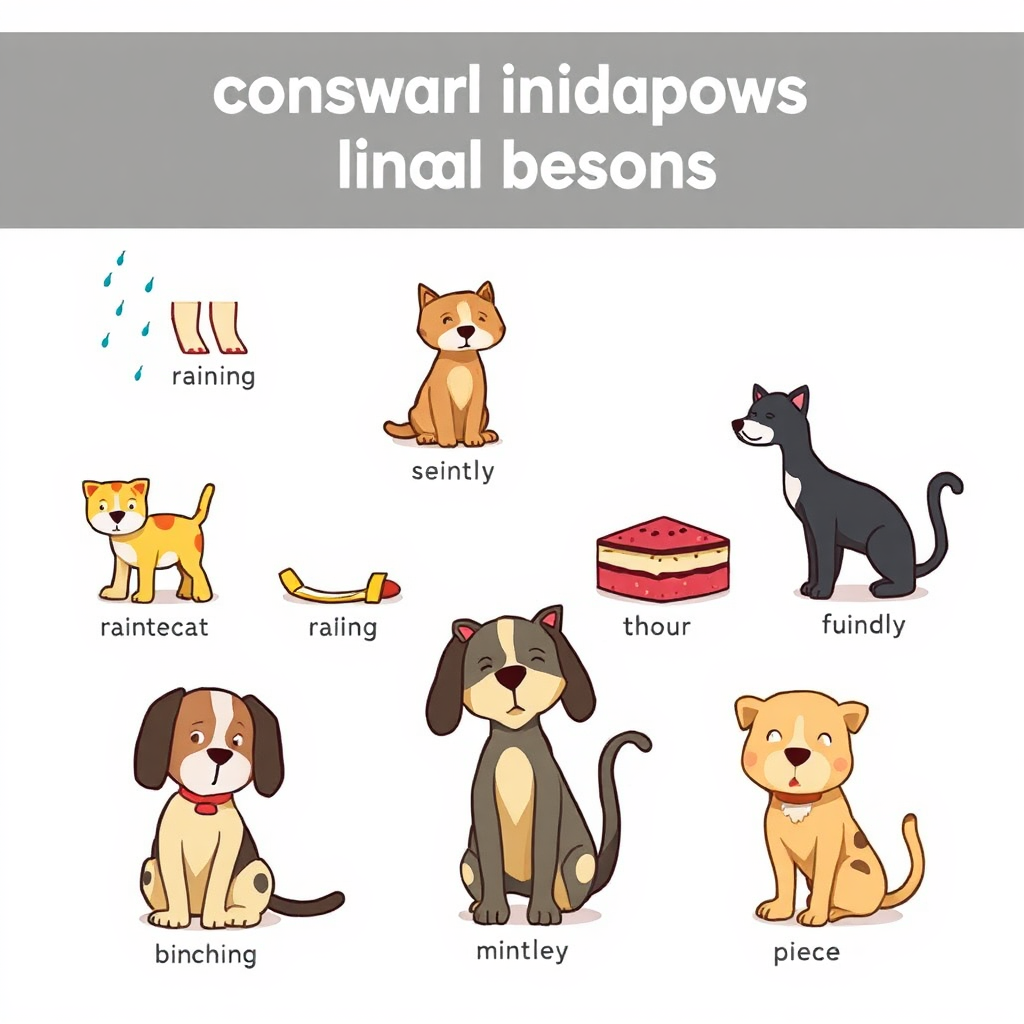 A series of visual metaphors representing common English idioms, such as 'raining cats and dogs' or 'piece of cake'. Each metaphor should be visually interesting and easily recognizable. The background is a clean, white space. 4k resolution, stylized illustration.