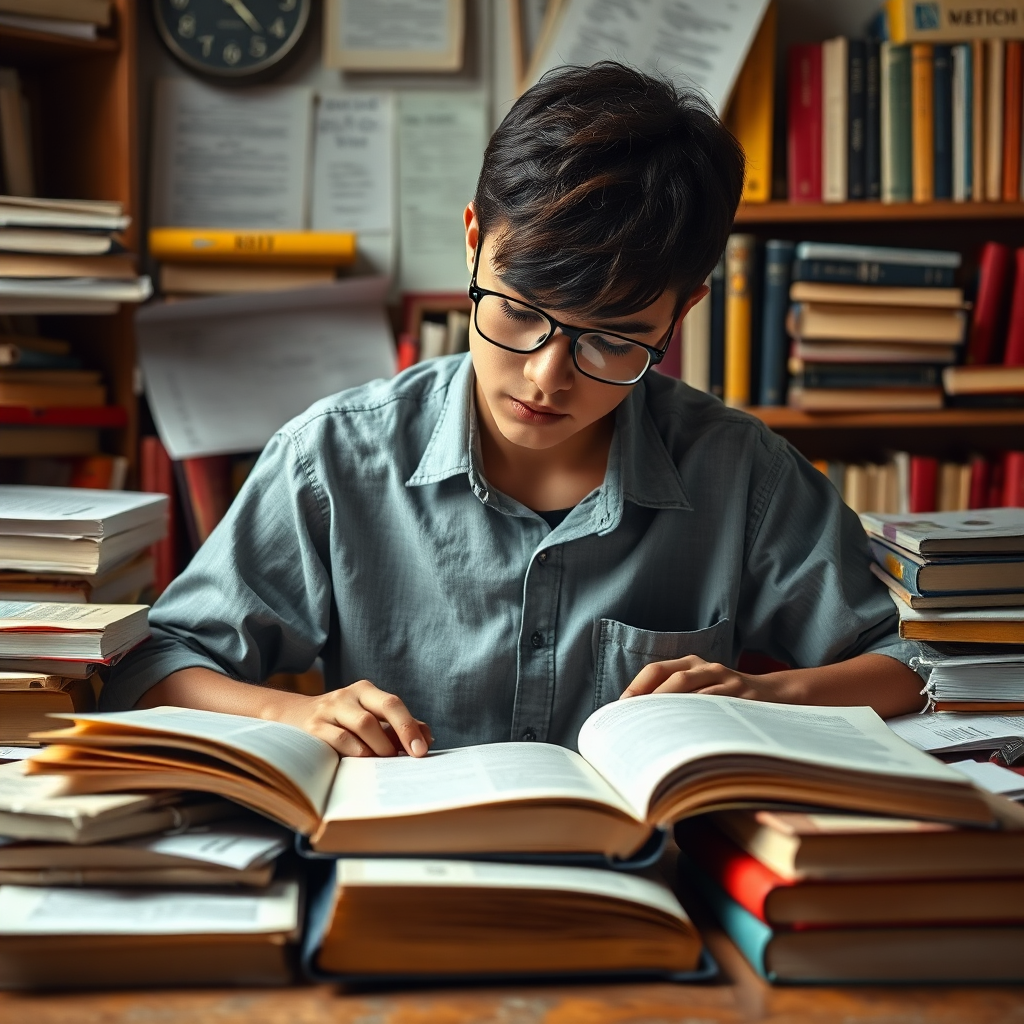 A student surrounded by books and papers, focused on studying English. The scene conveys dedication, intelligence, and academic achievement. Use a warm, inviting color palette with yellows and oranges. 4k resolution, photorealistic.