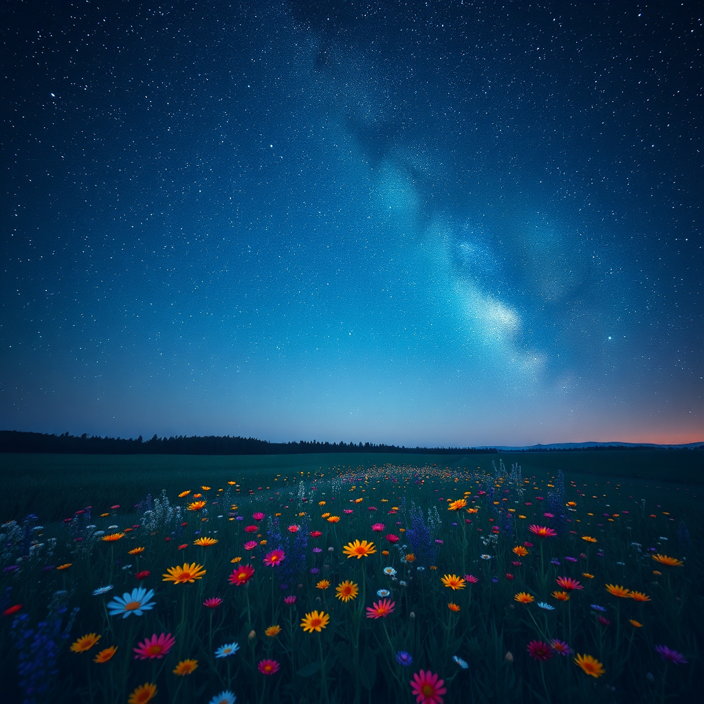 A stylized, ethereal image representing Jerry James Dentino's lasting legacy. Depict a constellation of stars forming Jerry's initials in a night sky. Below, a vibrant field of wildflowers symbolizes the impact he had on the world, with each flower representing a life he touched. The color palette should be vibrant and hopeful, with deep blues and purples in the sky contrasting with the bright colors of the flowers. The style should be semi-realistic, blending elements of fantasy and realism to convey the intangible nature of a legacy. The camera angle is a wide shot, capturing the vastness of the night sky and the beauty of the landscape below. Hyperrealistic details are important to make the image visually stunning and emotionally resonant.
