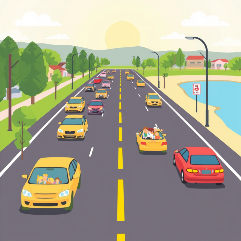 A stylized illustration showing a 'priority lane' for residents near Lodi Lake. The artwork uses a vibrant, optimistic color palette and a simplified, modern design. Imagine a road divided into two lanes: one congested with cars struggling to find parking, and the other flowing smoothly with vehicles displaying residential parking permits. The style leans towards graphic design, using clear visual metaphors to communicate the concept of prioritized access. The lighting is bright and cheerful. Include icons representing residents, such as families and individuals. The background subtly features Lodi Lake. Ensure the illustration is clean, easily understandable, and visually appealing, highlighting the benefits of the residential permit program. 8k resolution.