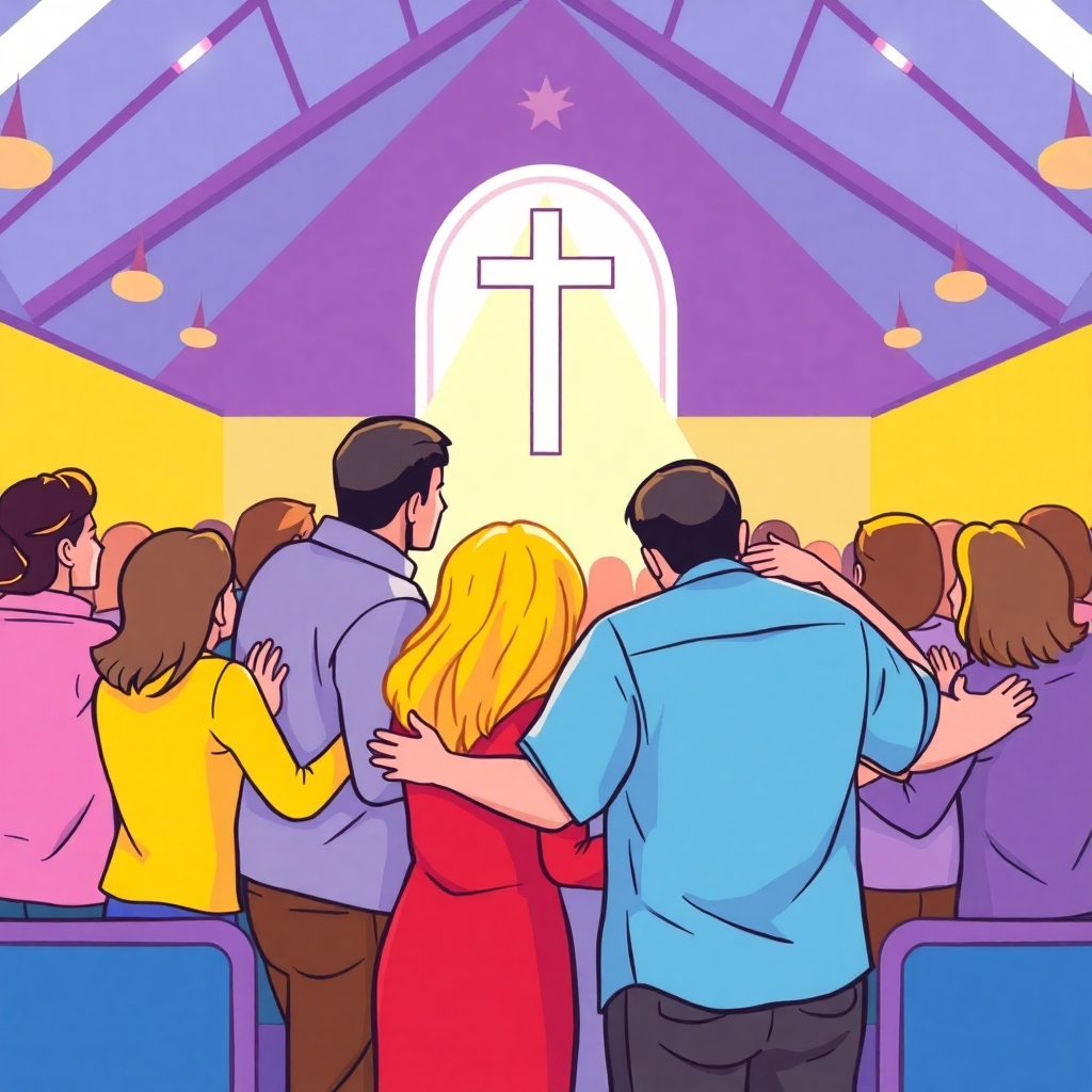 A stylized image depicting a group of people warmly embracing each other in a church setting. Use a bright color palette to evoke a sense of joy and unity.