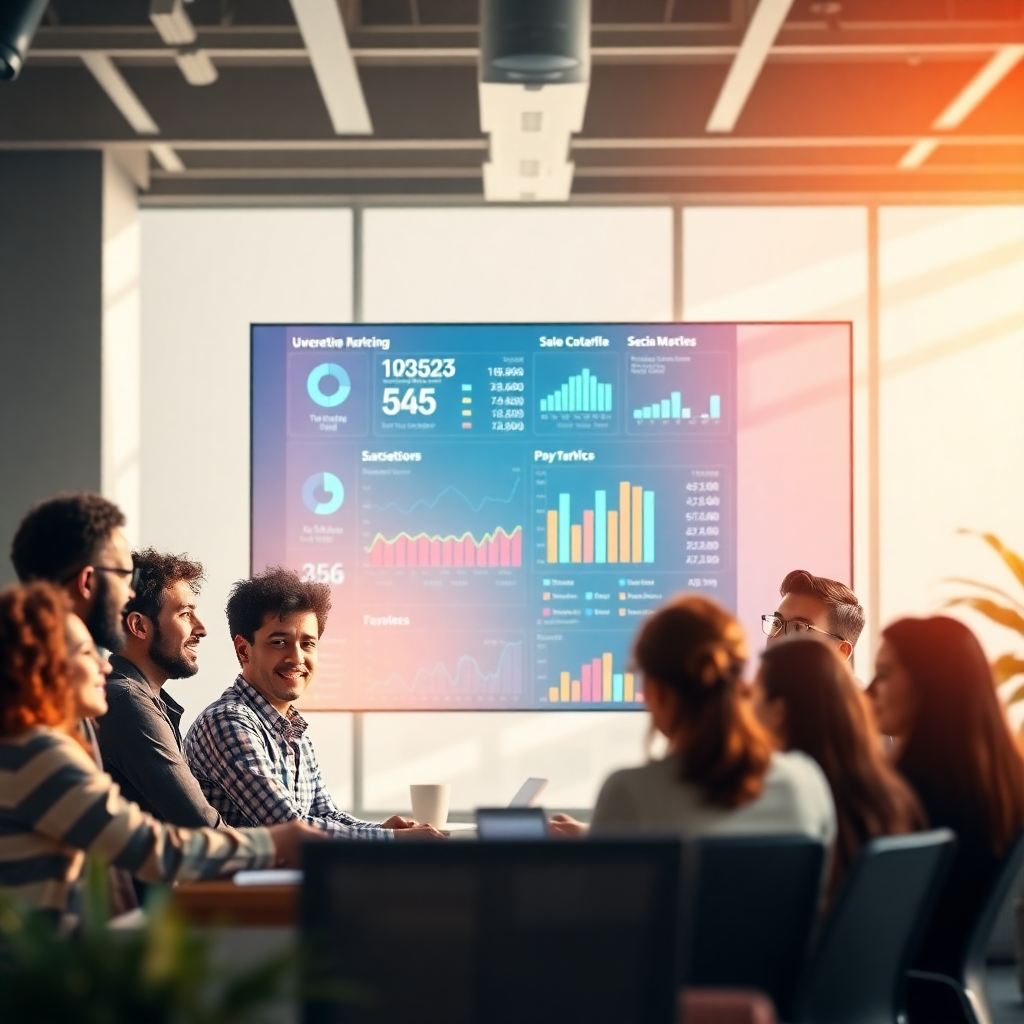 A stylized image depicting a team of diverse individuals collaborating around a large digital screen displaying various marketing data points, such as website traffic, social media engagement, and sales conversions. The lighting should be bright and airy, symbolizing collaboration and innovation. The color palette should be a mix of warm and cool tones, creating a sense of balance and harmony. The image should have a slightly cinematic look, with a shallow depth of field focusing on the team's faces. The camera angle should be slightly elevated, giving a perspective that highlights the teamwork and collaborative spirit. Style references: Modern office setting, but with a vibrant and tech-forward aesthetic.