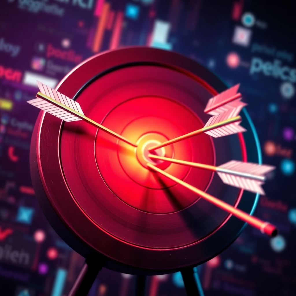 A stylized image depicting a target with multiple arrows hitting the bullseye. Each arrow should represent different platforms and keywords. The background should be an abstract representation of digital space. The lighting should be vibrant, creating a sense of energy and dynamism. The camera angle should be slightly angled, showing the arrows’ trajectories and their impact on the target.