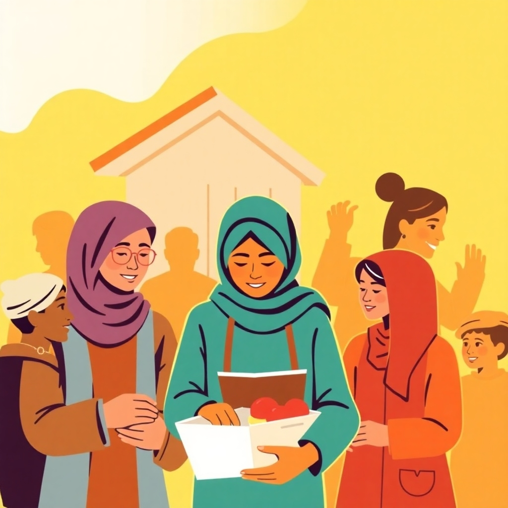 A stylized image depicting people from diverse backgrounds actively serving their community through acts of kindness and compassion, such as volunteering at a food bank or visiting the sick. Use warm colors and a dynamic composition to communicate the positive energy and impact of their actions.