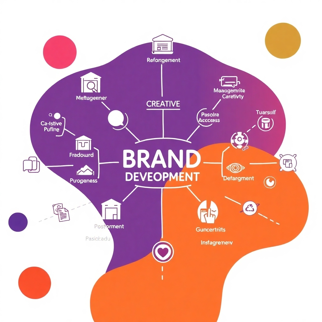 A stylized image of a creative mind-mapping process with icons and textual ideas around a central concept. Each idea is interconnected and relates to brand development. The background should include abstract shapes and colours, implying creative ideas. The lighting should be warm and soft, emphasizing the creative process. The image should be visually appealing and evoke a sense of creativity.
