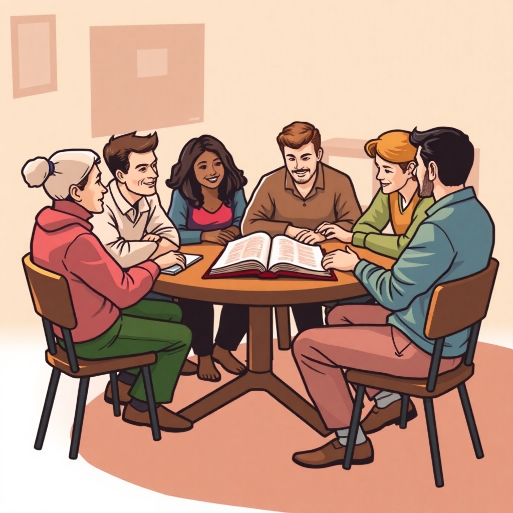 A stylized image of a small group of people sitting around a table, studying the bible, interacting in a friendly setting.  Use warm colors to convey a feeling of community and warmth. Focus on the engagement of the individuals, highlighting the positive energy of their discussions.