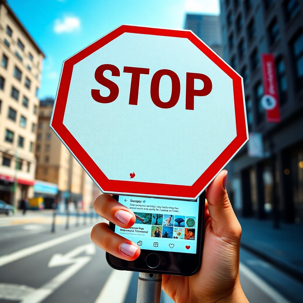 A stylized image of a stop sign superimposed over a social media feed on a smartphone. The background is a blurred cityscape. The lighting is bright and clear. Camera angle: Eye-level shot capturing the stop sign and the smartphone. Style: Bold and assertive. Textures: Focus on the details of the stop sign and the screen. Resolution: 4K, high quality.
