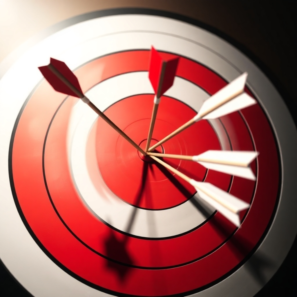 A stylized image of a target with arrows hitting the bullseye. Each arrow should be labeled with different keywords related to the business. The lighting should be dramatic, creating shadows and highlights that add to the image's visual impact. The camera angle should be slightly above the target, providing a clear view of the bullseye and the arrows hitting it. The color palette should include sharp contrasting colours such as red, white and black, representing target focus and accuracy.