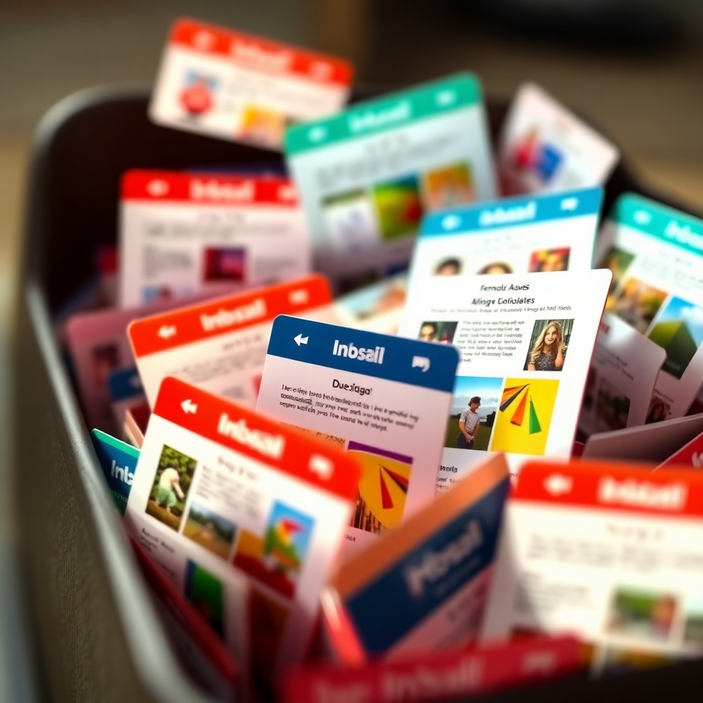 A stylized image of an inbox overflowing with colorful, engaging emails, each one highlighting a unique aspect of the brand. The lighting should be bright and cheerful, creating a positive feeling toward emails. The camera angle should be close-up, focusing on the details of the email design and functionality. The color palette should include vibrant colours and imagery.