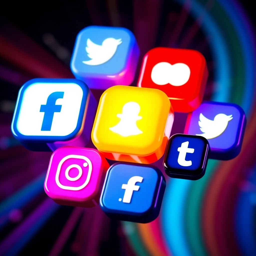 A stylized image of various social media platforms showing high engagement rates and positive interactions. Each social media icon should be brightly lit, demonstrating strong interaction. The background should have dynamic and vivid colors representing the excitement and engagement associated with these platforms. The camera angle should be a slightly elevated view to show the overall impact and the positive engagement rates.
