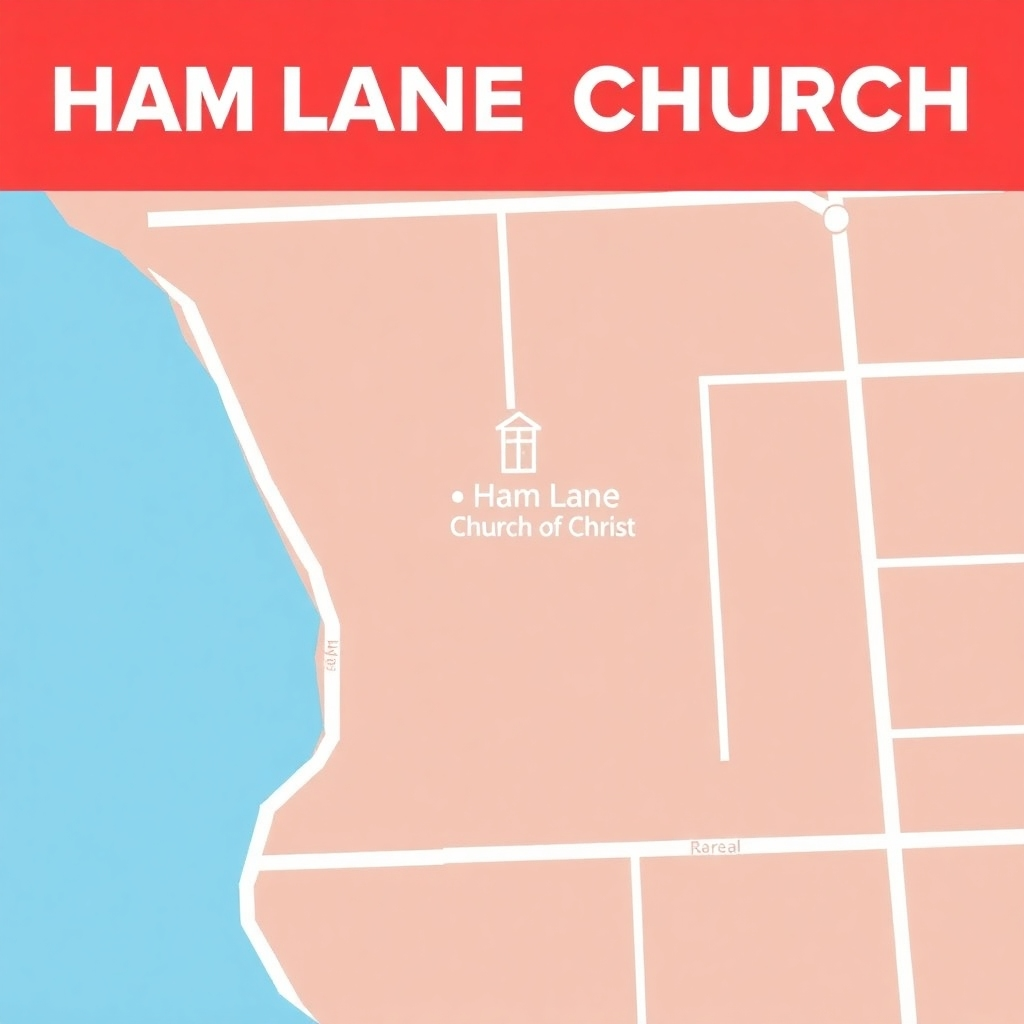 A stylized map graphic showing the location of Ham Lane Church of Christ in Lodi, California. The style should be clean and modern, possibly using a flat design, and the map should be visually appealing and easy to understand, incorporating design elements that harmonize with the church's brand.