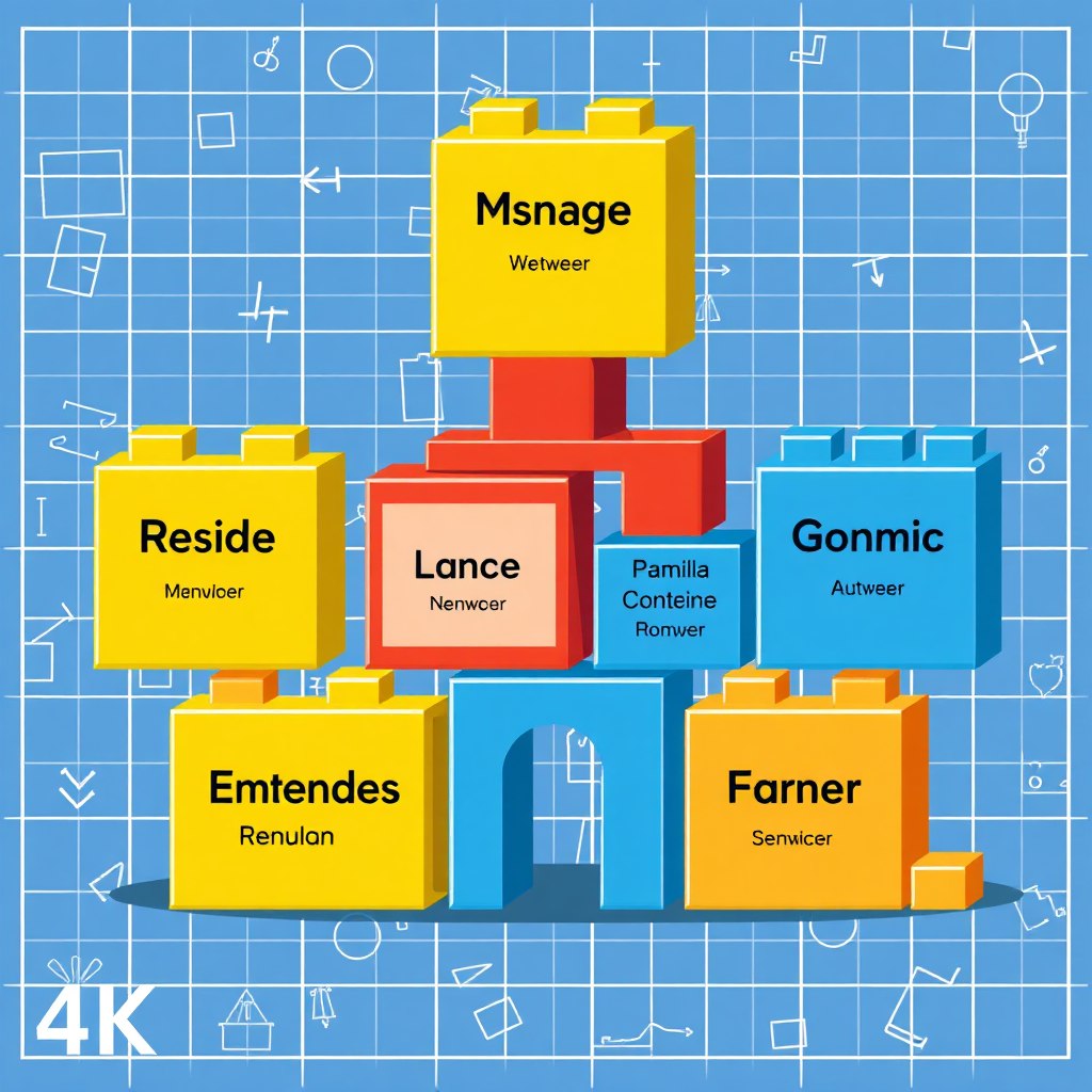 A stylized representation of English grammar rules as building blocks that form a solid structure. Use geometric shapes and colors to illustrate different parts of speech and sentence structures. The background is a blueprint pattern. 4k resolution, stylized illustration.