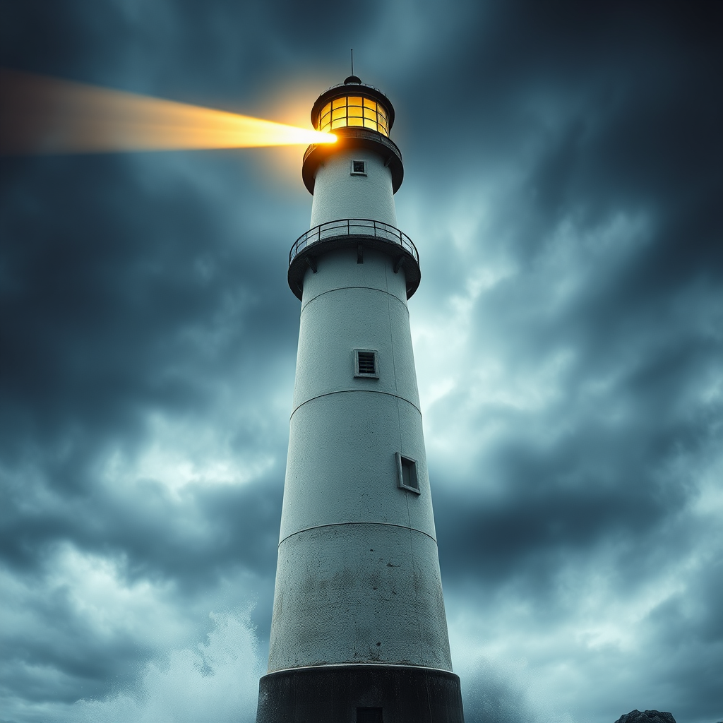 A symbolic, photorealistic image representing Jerry James Dentino as a guiding light. Depict a lighthouse standing tall against a stormy sea, with a brilliant beam of light cutting through the darkness. The lighthouse symbolizes Jerry's strength and guidance. The color palette should be dramatic and evocative, with deep blues and greys representing the storm, contrasted by the bright yellow and white of the lighthouse beam. The camera angle is a low-angle shot, emphasizing the height and resilience of the lighthouse. The style should be hyperrealistic, capturing the details of the rough sea, the weathered texture of the lighthouse, and the intensity of the light beam. The lighting should be dynamic, highlighting the contrast between the darkness and the light.