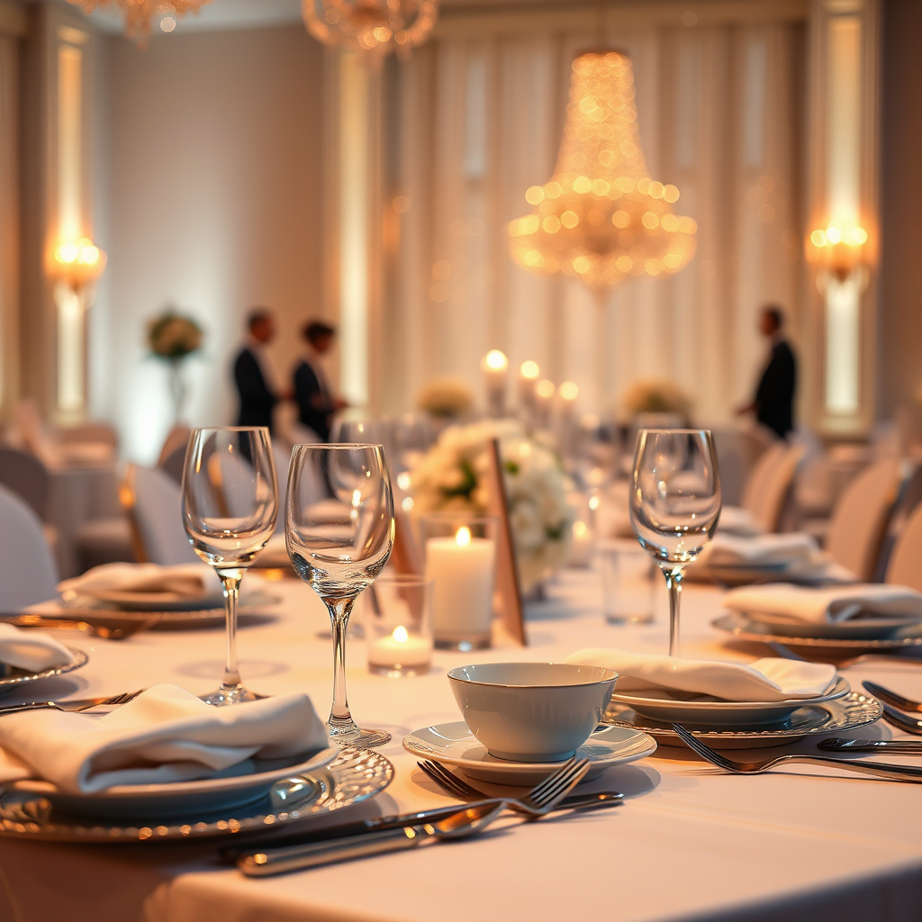 A table setting at a wedding reception with sparkling clean dishes and silverware. Focus on the elegance and glamour of the event. Use a soft, romantic lighting to create a festive atmosphere. 4K resolution, photorealistic.