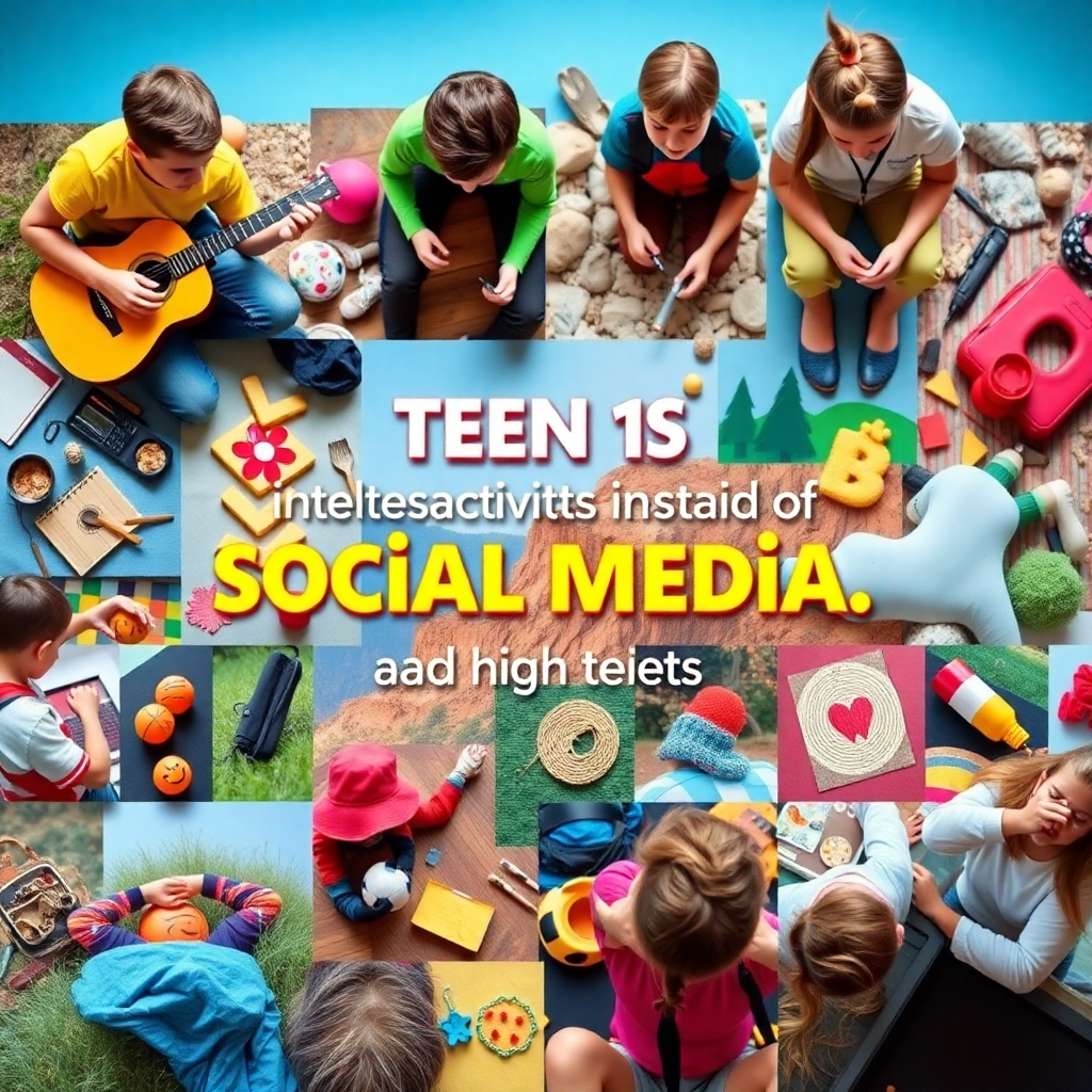 A vibrant and colorful image showing a collage of various activities teens can engage in instead of social media. These could include playing musical instruments, painting, hiking, playing sports, reading, or spending time with friends. Each activity is represented by a distinct and appealing visual element. The lighting is bright and cheerful. Camera angle: An overhead shot capturing the entire collage. Style: Energetic and inviting. Textures: Focus on the details of each activity. Resolution: 4K, high quality.