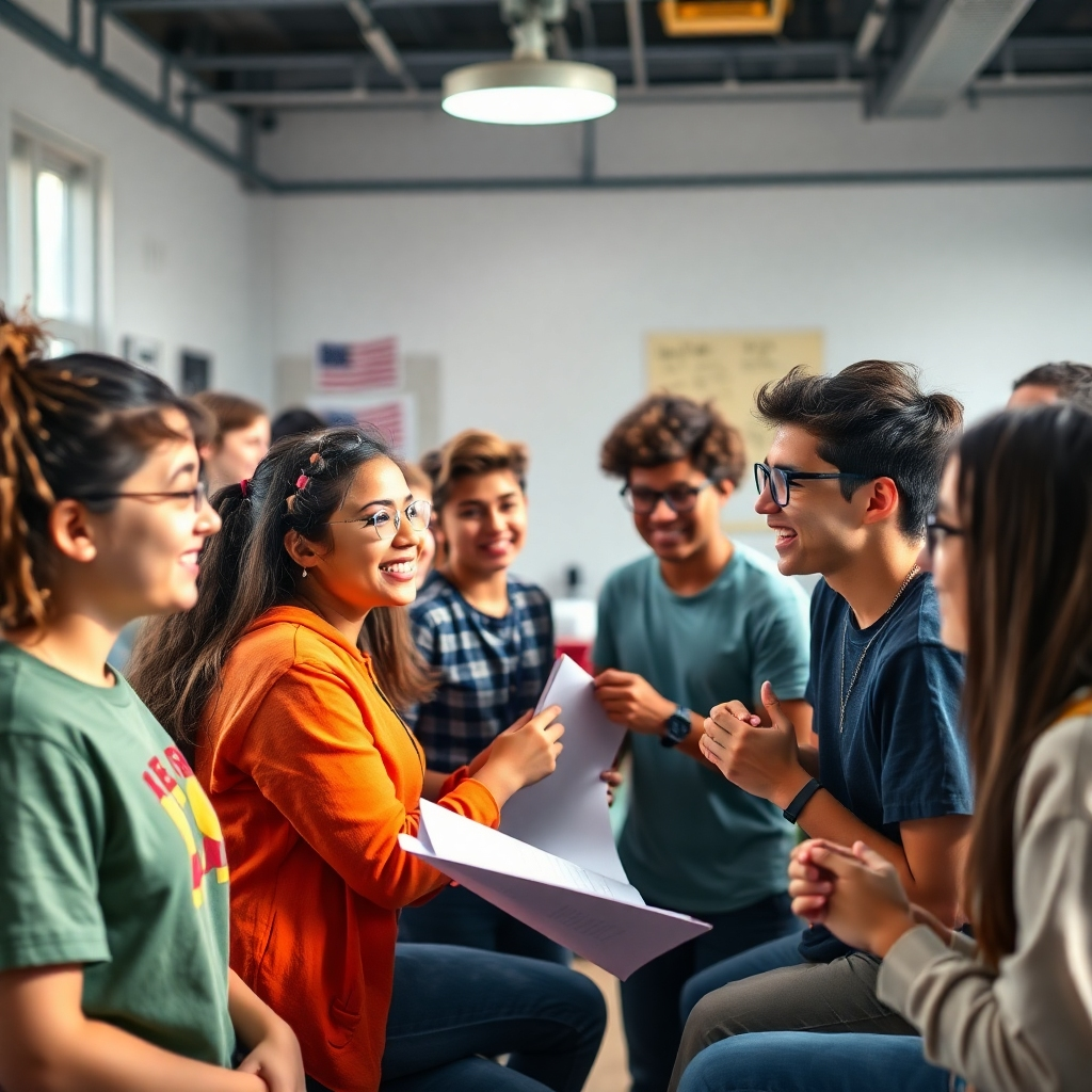 A vibrant and engaging image of a group of teenagers participating in a workshop. They are actively involved in discussions and activities. The lighting is bright and cheerful. Camera angle: A wide shot capturing the entire group. Style: Energetic and collaborative. Textures: Focus on the details of the faces and the environment. Resolution: 4K, high quality.