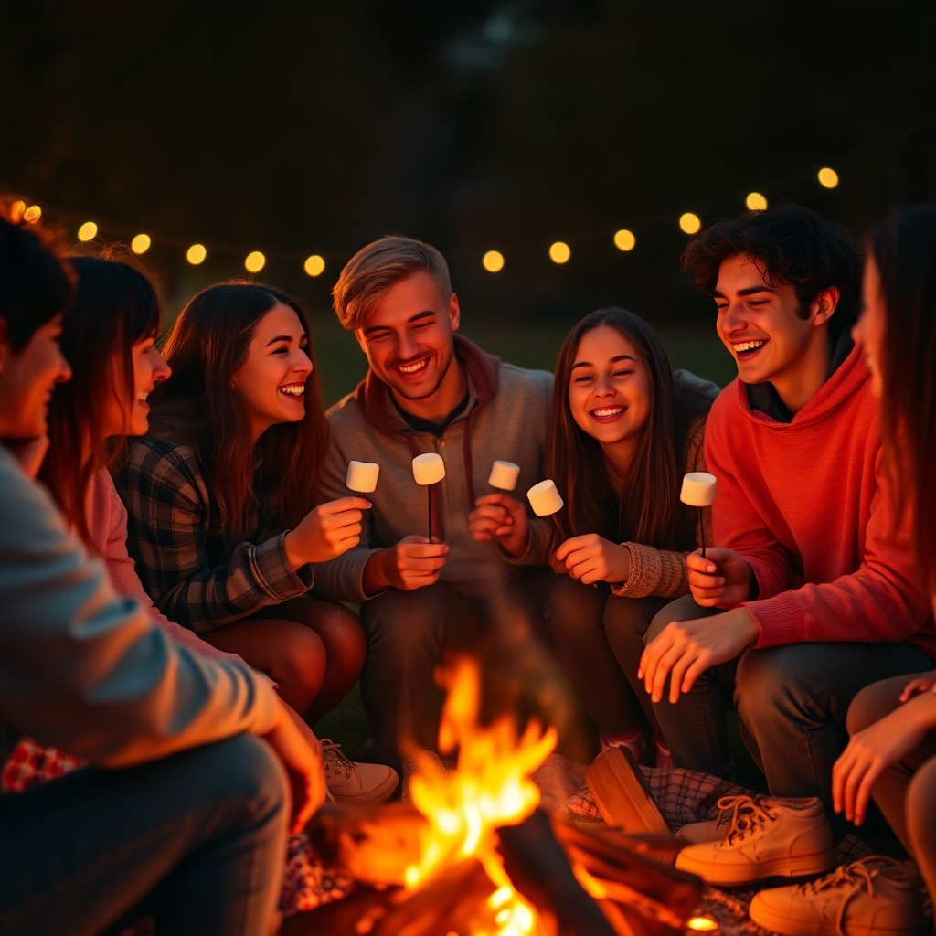 A warm and inviting image of a group of teenagers laughing and talking around a bonfire. They are roasting marshmallows and sharing stories. No phones are visible. The lighting is warm and flickering. Camera angle: Wide shot capturing the entire group. Style: Heartwarming and nostalgic. Textures: Focus on the details of the fire, faces, and clothing. Resolution: 4K, high quality.