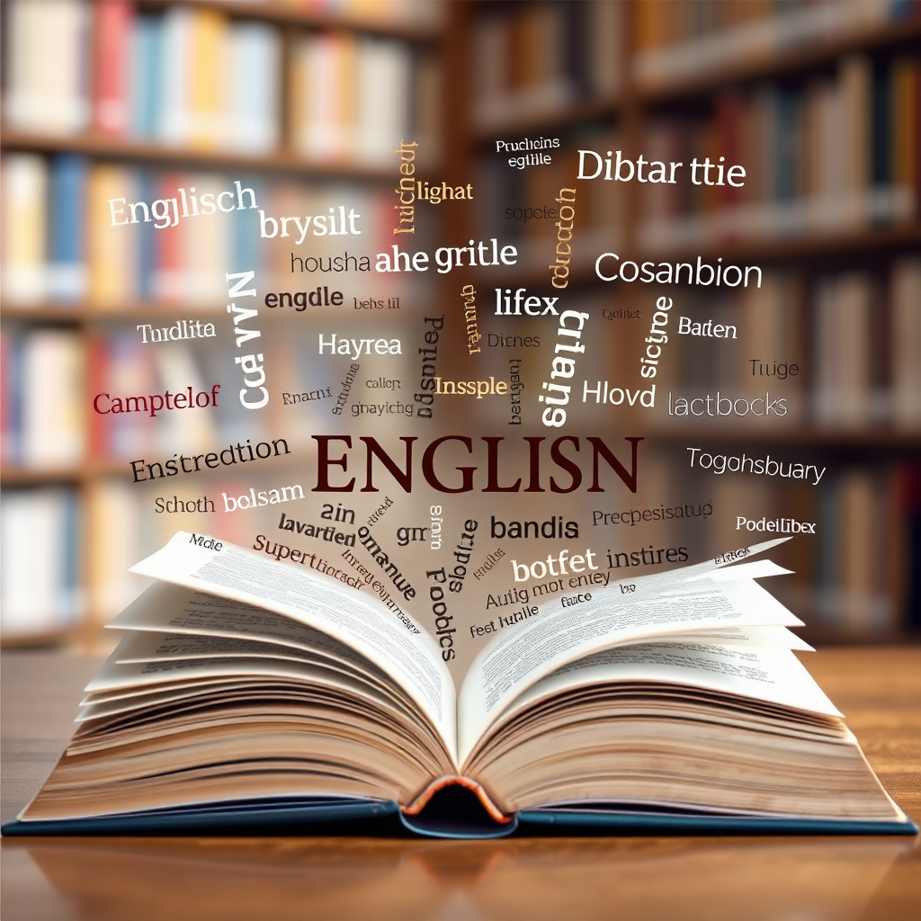 An open book with words and phrases of English floating up and away from the pages. Use a variety of fonts and sizes to represent the diversity of the English vocabulary. The background is a soft, blurred image of a library. 4k resolution, stylized illustration.
