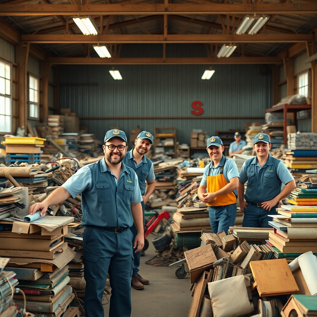 Create a photorealistic 4K image depicting the essence of Jeremy's Junk House. Show a team of friendly, uniformed workers efficiently sorting through junk, highlighting organization and efficiency.  The lighting should be bright and cheerful, with a warm color palette. The camera angle should be from a slightly elevated position to provide a good view of the entire scene.  Texture details should include the worn appearance of the junk and the clean uniforms of the workers.  The overall environment should be positive and professional. Relevant props would be various types of junk, organized in piles.  The style should be photorealistic, aiming for a friendly and trustworthy vibe.