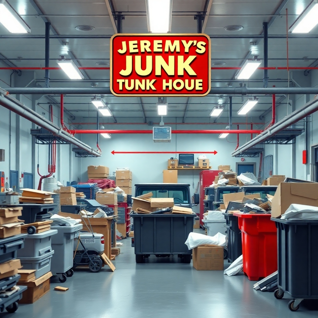 Create a photorealistic image showing the efficient operations of Jeremy's Junk House. The image should highlight the organization and streamlined workflow of the junk removal process, perhaps showing the systematic movement of junk from pickup to sorting to disposal. The lighting should be bright and functional. The color palette should be cool and efficient, suggesting a systematic operation. The camera angle should be wide, allowing the viewer to understand the entire workflow. The texture details should be clear and functional.  The environment should be a clean, modern junk removal yard. The overall style should convey efficiency and order.