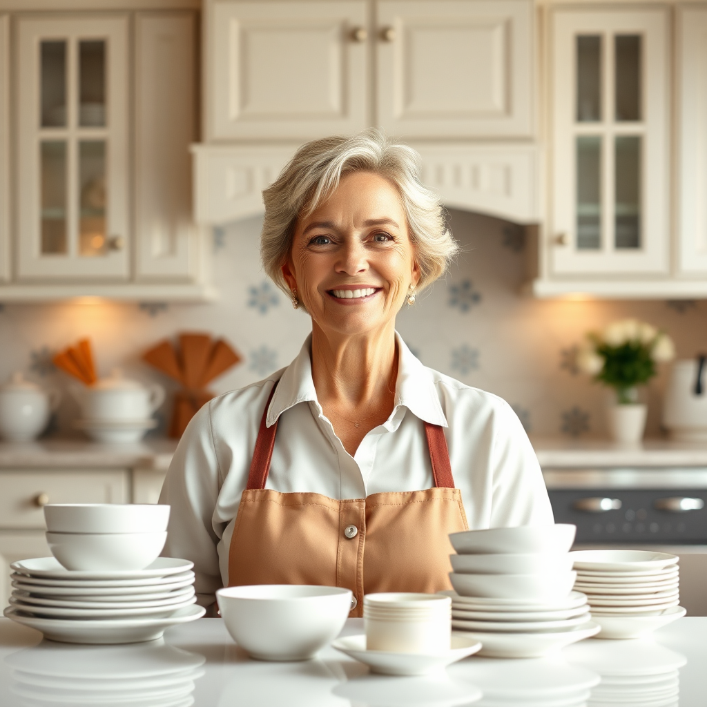 Create a photorealistic image depicting a friendly, middle-aged woman (Patti) with a warm smile, standing in a spotless, bright kitchen. She is wearing a neat, professional uniform. Around her are gleaming, clean dishes subtly arranged to showcase the company's results. The kitchen has an English-style charm with classic cabinetry and subtle floral accents. Focus on warm, inviting lighting with a soft glow. The camera angle is a medium shot, capturing Patti's approachable demeanor. Textures are important – the smooth surfaces of the clean dishes, the fabric of her uniform, and the details of the kitchen. The color palette is bright and cheerful, with a focus on whites, creams, and soft blues. Style reference: a Norman Rockwell painting meets a modern kitchen aesthetic. 4K resolution, high quality.