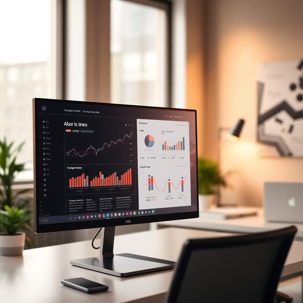 Create a photorealistic image of a sleek, modern website interface on a high-resolution monitor, subtly showcasing its responsiveness across devices. Use warm light, highlighting the seamless user experience and data visualization. Include subtle motion blur on the cursor, symbolizing fast interaction and speed. The background should be a softly lit modern office.