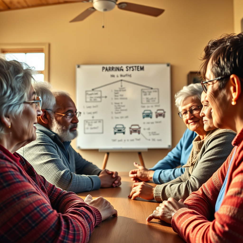 Create a photorealistic image of a community meeting in Lodi, where residents are discussing the parking permit initiative. The scene is set in a community center, with diverse residents engaged in a respectful conversation. The lighting is warm and inviting, fostering a sense of collaboration. The composition should capture the residents' faces, showing expressions of hope and understanding. In the background, a whiteboard displays a simplified diagram of the proposed parking permit system. The camera angle is from a medium distance, providing a clear view of the entire meeting. The style should be realistic, capturing the authenticity of a community discussion. Use 8K resolution to highlight the details of the residents' faces and the meeting environment. The image should symbolize the concept of fairness and community involvement in the parking solution.