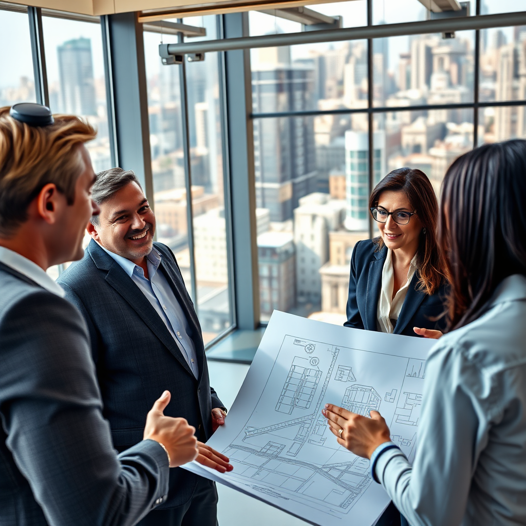 Create a photorealistic image depicting Jerry James Dentino in a modern office setting, surrounded by blueprints and design schematics. The scene is well-lit with natural light streaming through large windows, showcasing a bustling cityscape in the background. Jerry is smiling confidently, engaged in a discussion with colleagues, emphasizing his collaborative spirit and leadership. The overall color palette should be professional and sophisticated, with hints of warm tones to highlight Jerry's approachable demeanor. Focus should be on Jerry's face and hands, capturing his passion and dedication to his work. The style should be hyperrealistic, with attention to detail in the textures of the clothing, the materials of the office, and the expressions of the individuals present. Camera angle is a medium shot, capturing the interaction and the environment.
