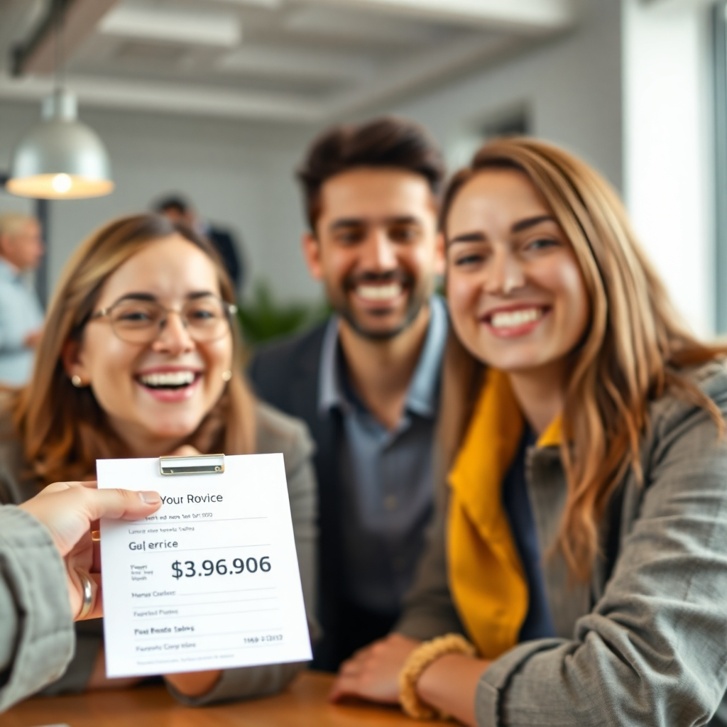 Create a photorealistic image conveying affordability and value.  The image might feature a happy customer receiving a quote, or a clear pricing chart that highlights the affordability of our services. The lighting should be soft and inviting.  The color palette should feature friendly, approachable colors.  The camera angle should be close up, focusing on the price. The texture details should be high quality, suggesting professionalism.  The environment should be friendly and professional. The overall style should be straightforward, conveying trust and transparency.