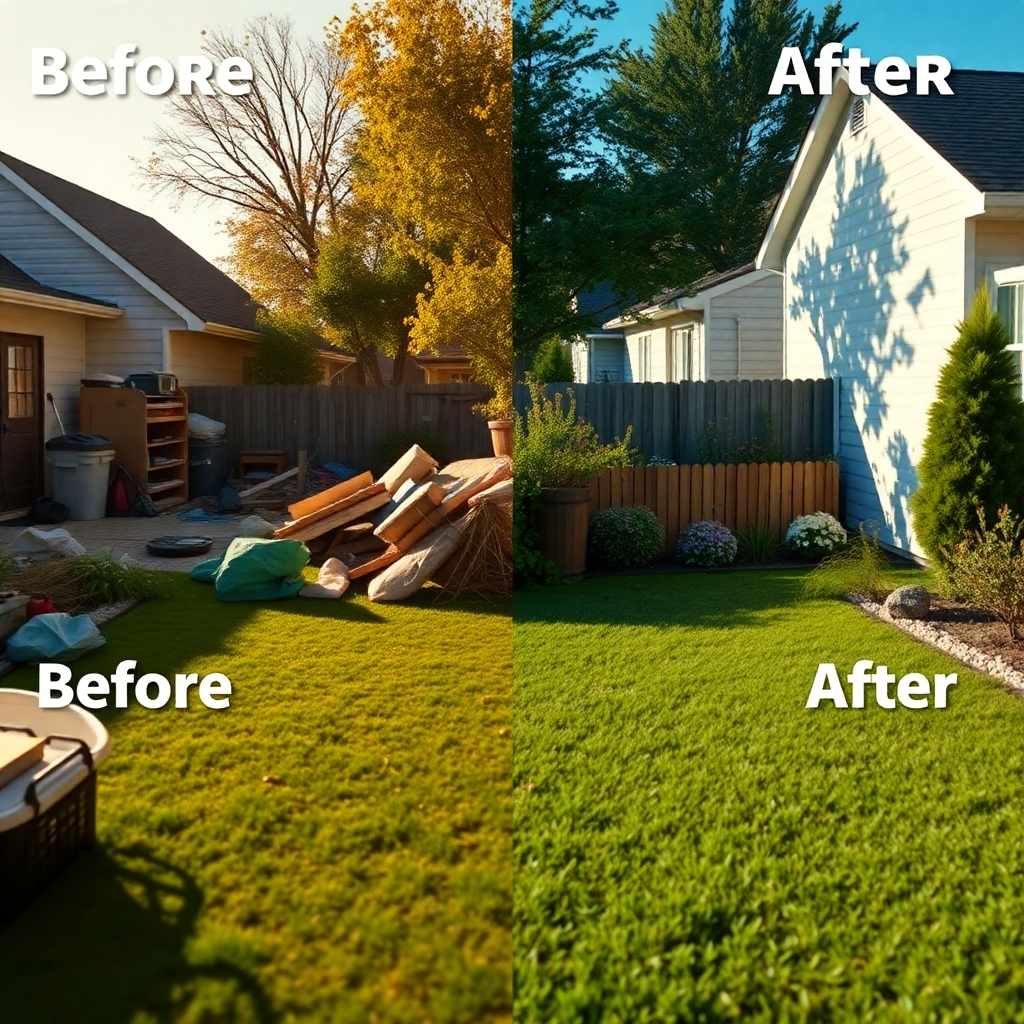 Create a photorealistic image showing a before-and-after comparison of a yard clean-up.  The lighting should be warm and inviting. The color palette should shift from dull and cluttered to bright and organized. The camera angle should encompass the whole yard. The texture should showcase the transformation.  The environment is a residential yard.  The style should be visually compelling.