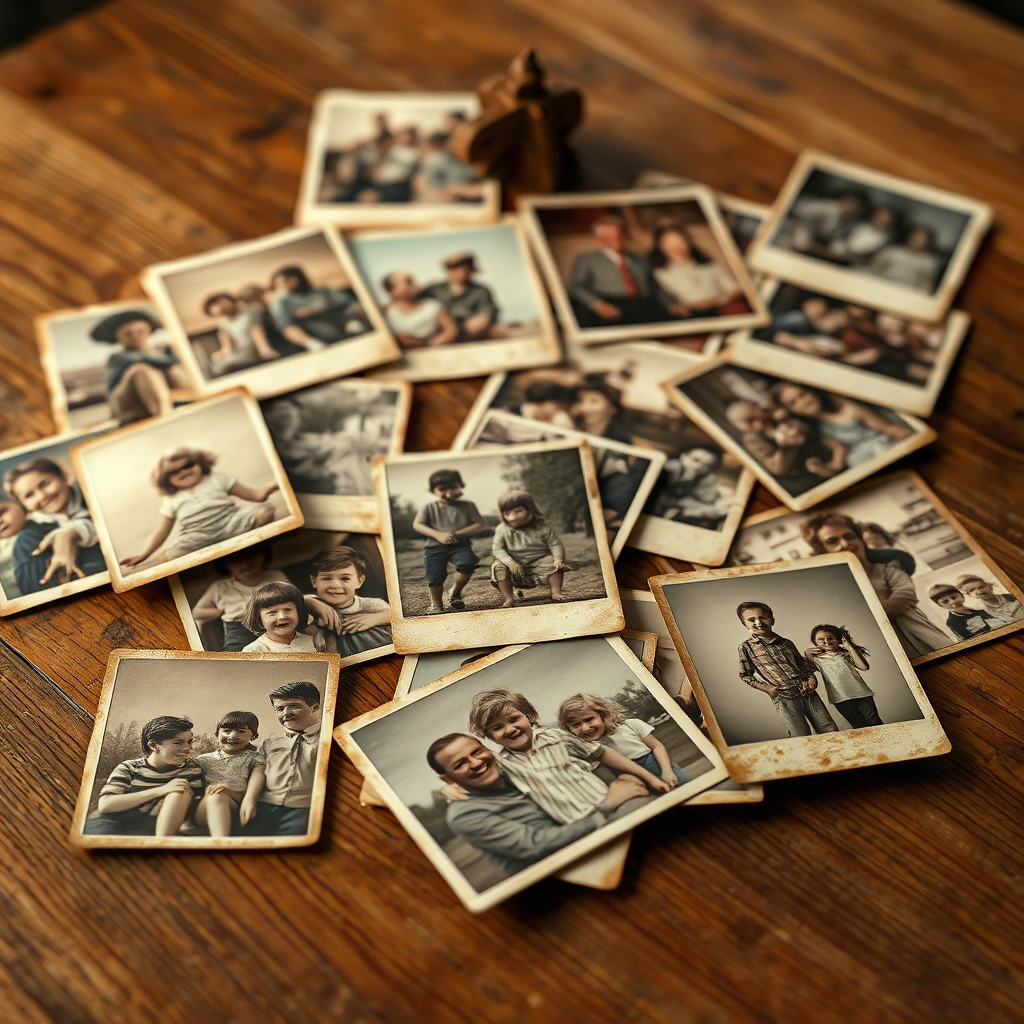 Create a photorealistic image evoking a sense of cherished memories. The scene depicts a collection of vintage photographs scattered across a wooden table. Each photograph shows a different joyful moment from Jerry James Dentino's life, from childhood adventures to family celebrations. The color palette is warm and nostalgic, with sepia tones and soft lighting. The camera angle is a close-up shot, focusing on the details of the photographs and the textures of the wooden table. The style is hyperrealistic, emphasizing the aged look and feel of the photos. The lighting is soft and diffused, creating a sense of warmth and nostalgia. The background is subtly blurred to keep the focus on the photographs, symbolizing the precious memories they represent.