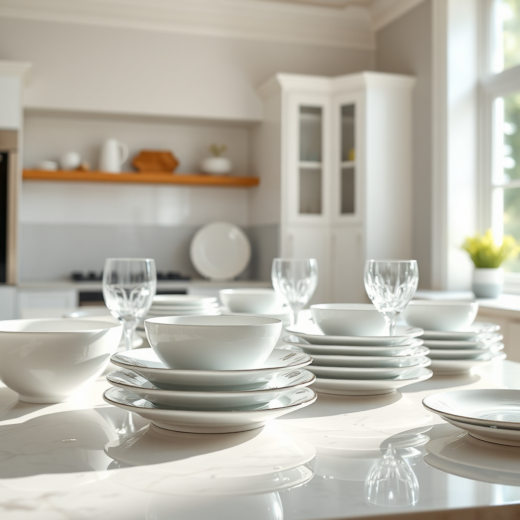 Create a photorealistic, ultra-high-quality image of impeccably clean dishes gleaming in a bright, airy kitchen setting. The dishes, a mix of porcelain plates and crystal glassware, are arranged artfully on a spotless countertop, reflecting the natural sunlight streaming in through a large window. Focus should be on the cleanliness and sparkle, with water droplets beading attractively on the surfaces. The background is a modern, minimalist kitchen with subtle English-style design elements. Add a touch of warmth with soft, diffused lighting. Camera angle: a slightly low, wide shot to emphasize the abundance of clean dishes. Textures are key: capture the smooth, polished surfaces and the delicate patterns on the porcelain. The overall color palette is bright and clean, with whites, silvers, and light blues dominating. Think of a high-end detergent advertisement, but with a homey, inviting feel. 8K resolution, hyperrealistic detail.