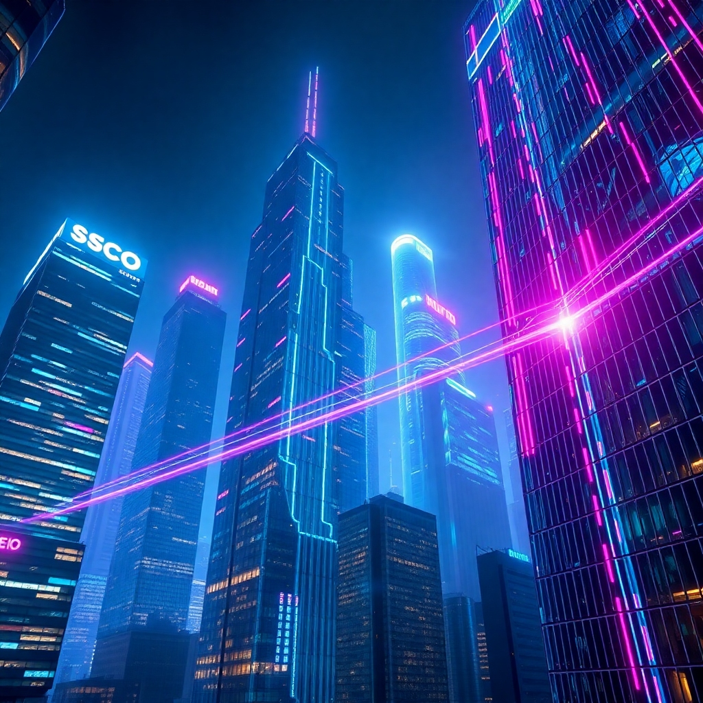 Create a photorealistic, ultra-high quality 8K resolution image depicting a futuristic cityscape at night, with vibrant, interconnected digital streams of data flowing between skyscrapers.  The overall color palette should be deep blues, purples, and electric greens, creating a sense of energy and dynamism.  The camera angle should be a low-angle shot, emphasizing the scale and interconnectedness of the digital world. The lighting should be a mix of ambient city lights and glowing digital data streams, creating sharp contrasts and highlights. The texture details should be hyperrealistic, with the smoothness of glass and steel contrasted against the intricate detail of the data streams.  The skyscrapers should represent different aspects of digital marketing such as SEO, PPC, Social Media, Content Creation.  Incorporate subtle, elegant textures and reflections to create depth and realism. Style references: Blade Runner 2049, Tron Legacy, and Syd Mead's concept art. The image should be hyperrealistic and showcase the power and possibilities of digital marketing.