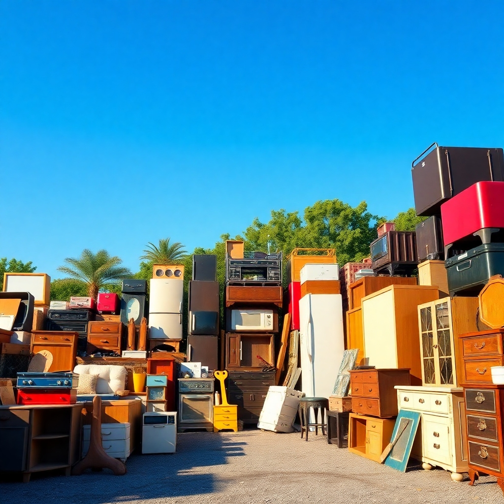 Create a photorealistic, ultra-high-quality 8K resolution image for Jeremy's Junk House. The image should depict a clean, organized junk removal yard with various items neatly categorized and stacked.  The background should include a clear blue sky and some lush greenery.  The lighting should be bright and natural, showcasing the vibrant colors of the items. A wide shot perspective should be used to emphasize the scale of the yard.  Texture details should be hyperrealistic, showing the wear and tear of the junk, but also the cleanliness and organization of the yard. The overall color palette should be warm and inviting, with pops of color from the various items.  The style should be similar to a high-end stock photo, clean, and professional. Relevant props could include various types of junk (furniture, appliances, etc.) but organized and stacked. The environment should feel spacious and professional.  The final image should be hyperrealistic, with impeccable detail and clarity, conveying professionalism and efficiency.