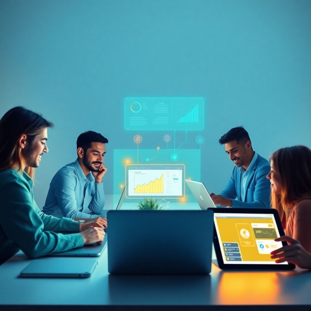 Create a stylized 4K image depicting a team of diverse professionals collaboratively working on glowing digital interfaces. The scene is set in a modern, minimalist workspace with soft, diffused lighting. The color palette uses calming blues and greens, punctuated with pops of energetic orange and yellow to represent creativity and innovation. The camera angle is a slightly elevated perspective, capturing the team's energy and collaborative spirit. The textures should be smooth and sleek, emphasizing the clean and modern feel of the environment. Relevant props include laptops displaying dashboards and charts, a holographic projection showcasing website traffic, and a tablet displaying a chatbot interface. The overall style should be clean, modern, and slightly abstract, referencing the minimalist aesthetic of contemporary office design.