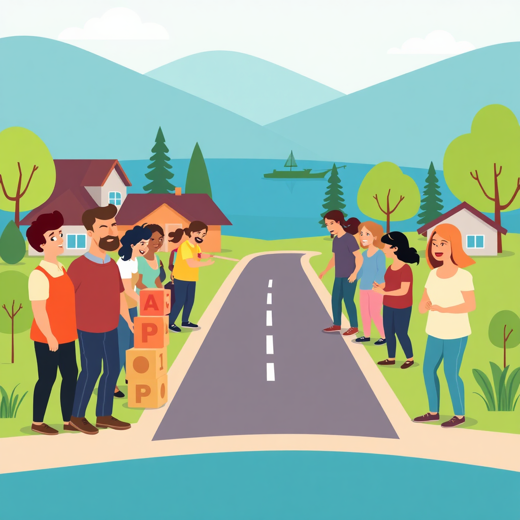 Create a stylized illustration of Lodi Lake residents coming together to build a road leading to a parking space. The artwork should use a vibrant, optimistic color palette and a simplified, modern design. Imagine residents of all ages and backgrounds working together, each contributing to constructing the road with building blocks representing support for the residential parking permit. The style leans towards graphic design, using clear visual metaphors to communicate the concept of collective action. The lighting is bright and cheerful. Include icons representing residents, such as families and individuals. The background subtly features Lodi Lake. Ensure the illustration is clean, easily understandable, and visually appealing, highlighting the benefits of working together. 8k resolution.
